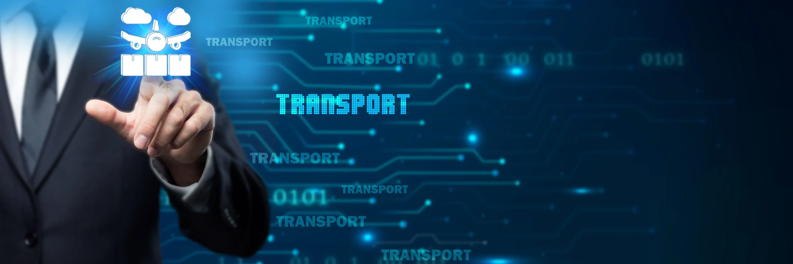 Professionista interagisce con un’interfaccia digitale di trasporto con icona aereo cargo e visualizzazione della supply chain.