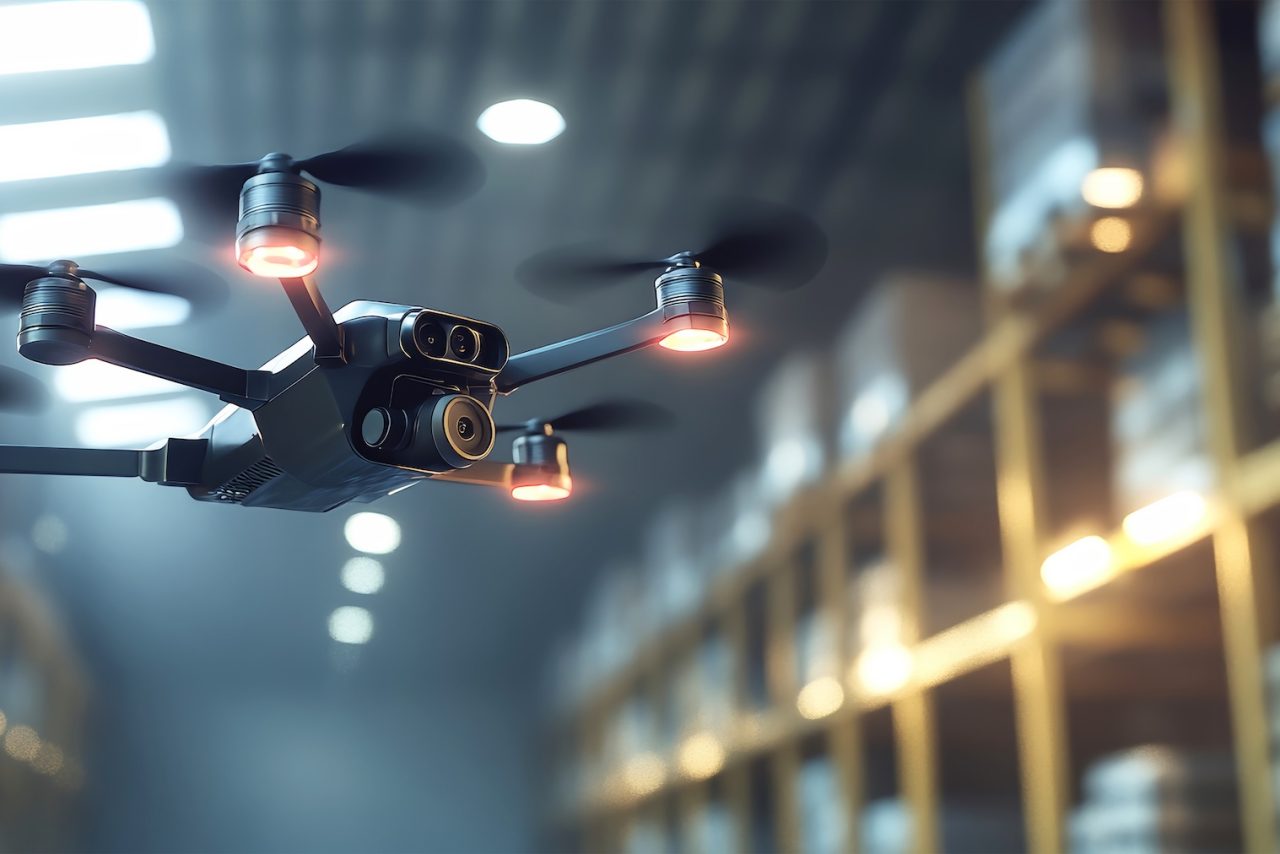 Drones glide through a spacious smart warehouse, efficiently managing logistics and inventory. The realistic lighting highlights their sleek design and advanced technology.