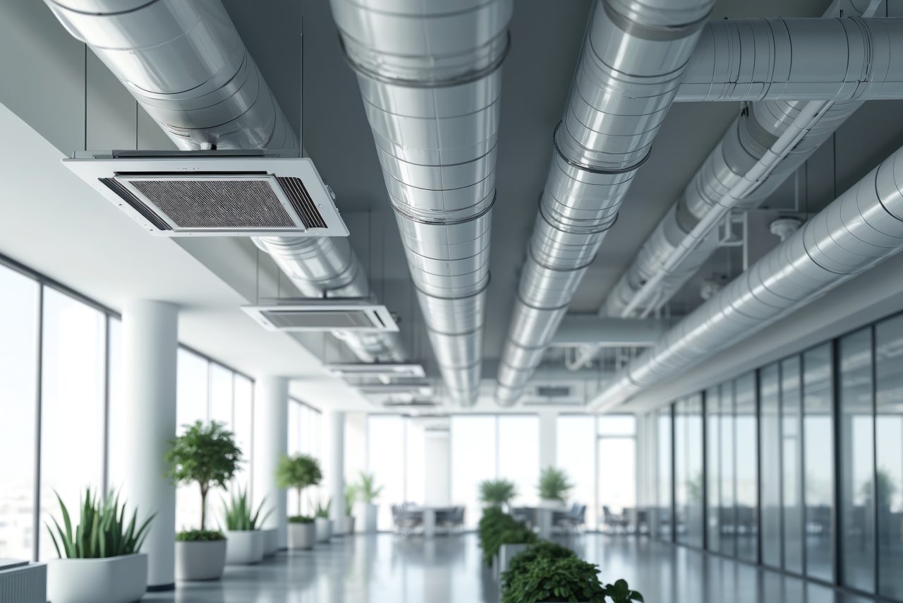 Sleek office interior features ventilation ducts, air conditioning units ensuring steady airflow. Modern design incorporates metal pipes, glass windows potted plants. Office boasts bright balanced