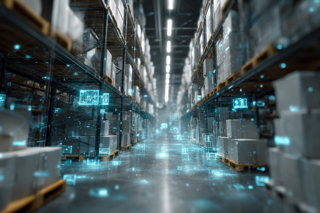 Futuristic warehouse automation with glowing digital information overlays for inventory management and optimized logistics for future technology.