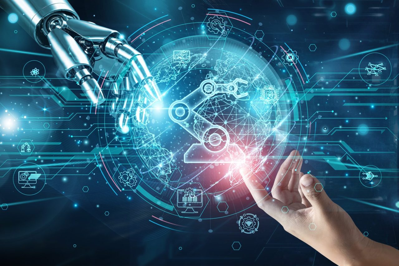 Hands of robot and human touching on Industry 4.0 innovation, network connection background, smart factories automation IoT robotics data integration AI production efficiency connectivity.